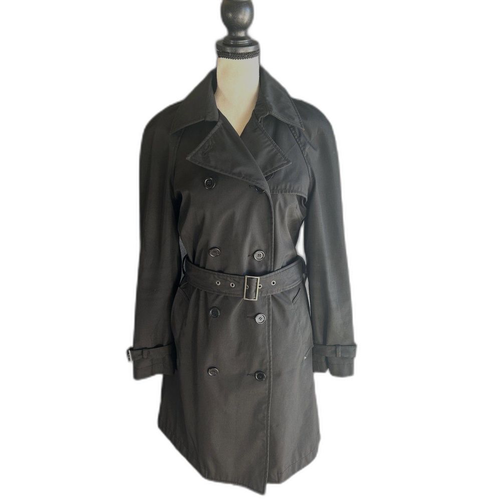 Black Rivet  Woman's Black Midi Trench Coat Fully Lined hot pink welt inside SM